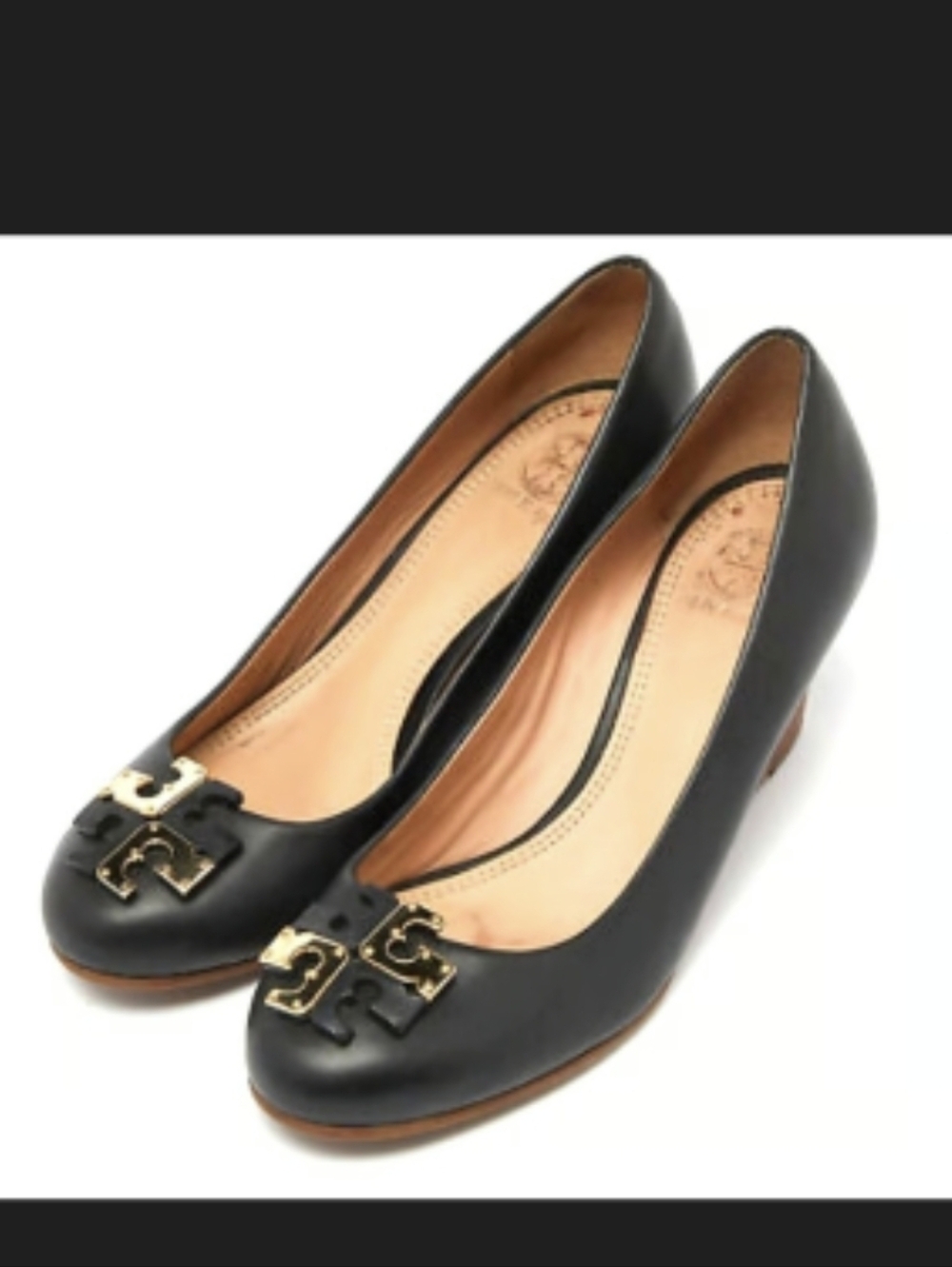 Tory Burch Black Leather Ballet Flats with Gold Logo